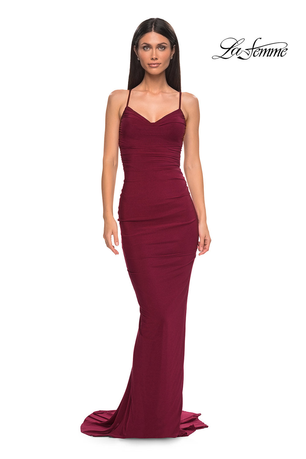 La Femme 32834 prom dress images.  La Femme 32834 is available in these colors: Black, Dark Berry, Emerald, Royal Blue.