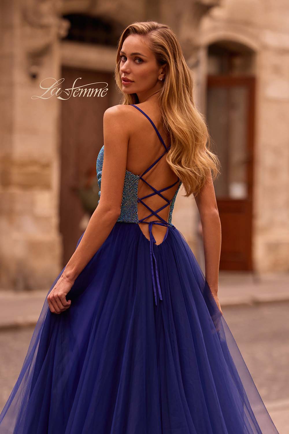 La Femme 32838 prom dress images.  La Femme 32838 is available in these colors: Indigo.