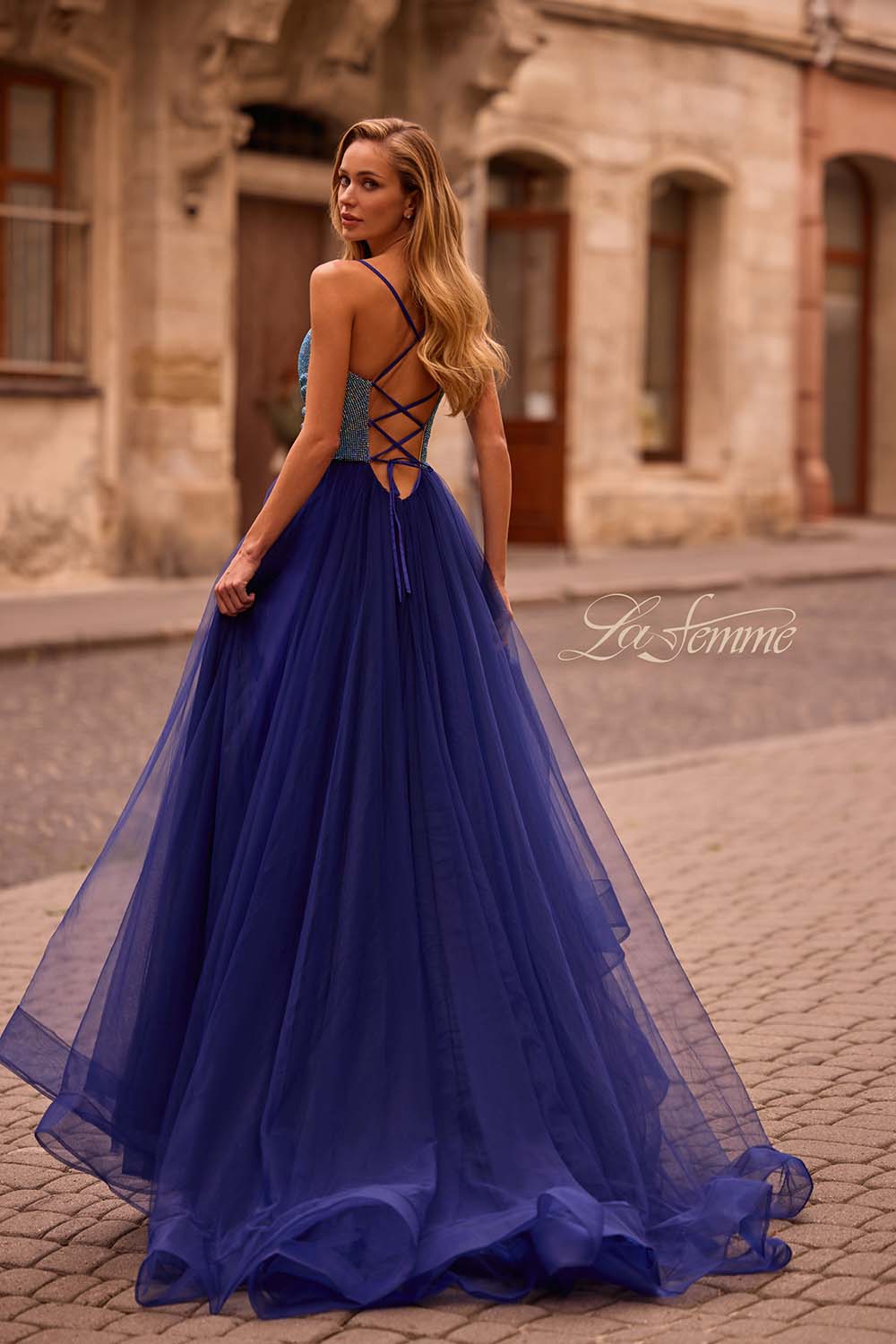 La Femme 32838 prom dress images.  La Femme 32838 is available in these colors: Indigo.