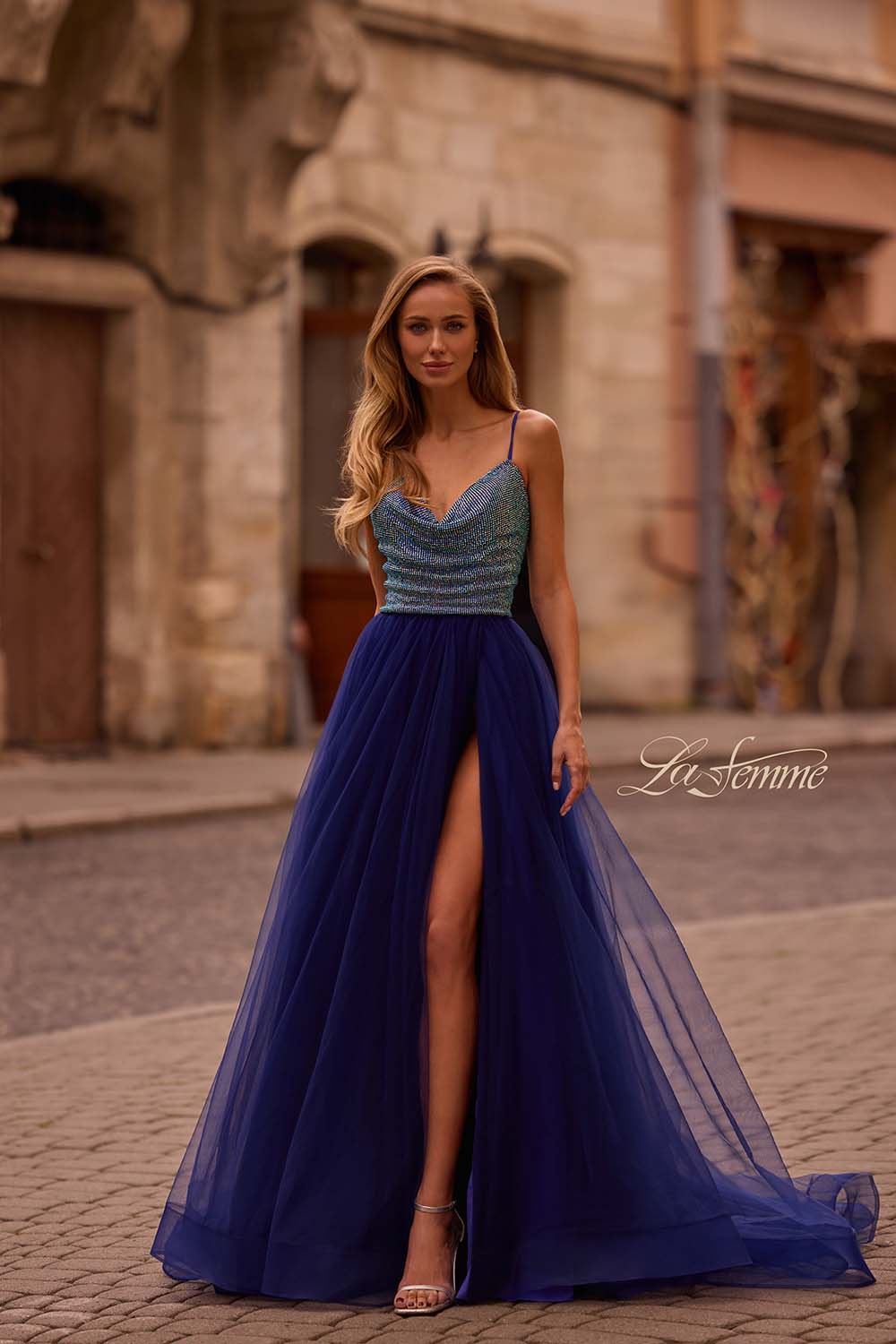 La Femme 32838 prom dress images.  La Femme 32838 is available in these colors: Indigo.