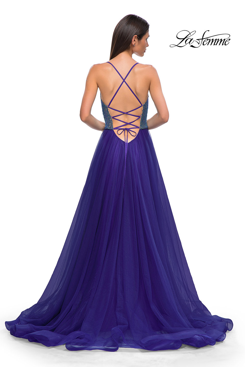 La Femme 32838 prom dress images.  La Femme 32838 is available in these colors: Indigo.