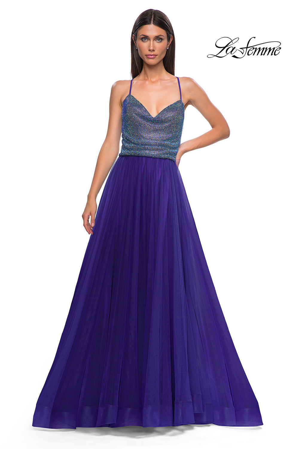 La Femme 32838 prom dress images.  La Femme 32838 is available in these colors: Indigo.