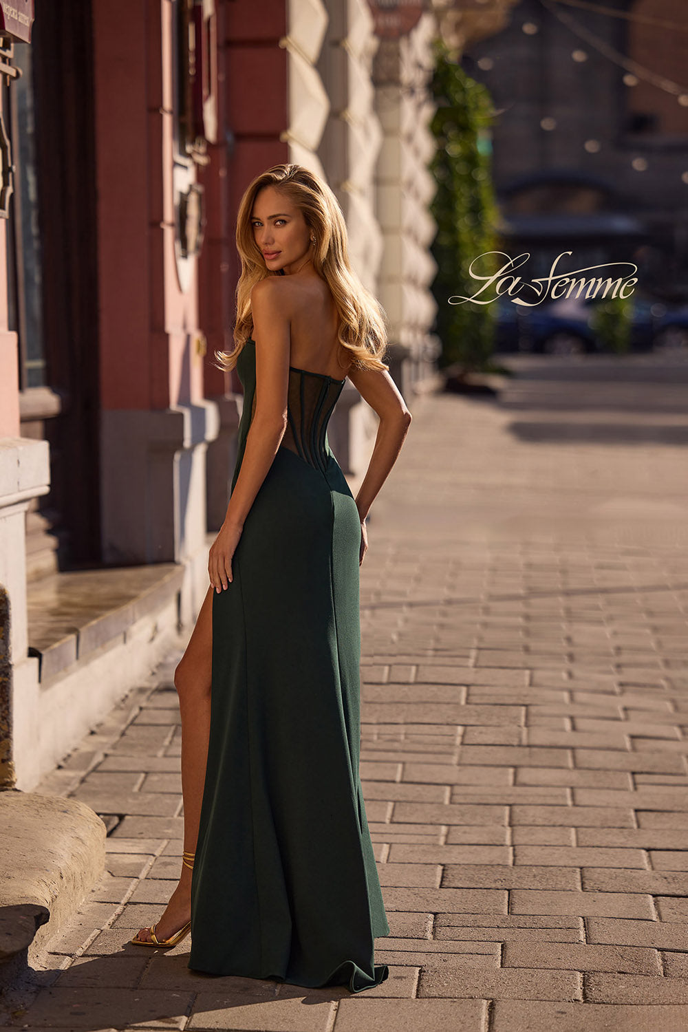 La Femme 32849 prom dress images.  La Femme 32849 is available in these colors: Black, Dark Berry, Emerald, Ivory.