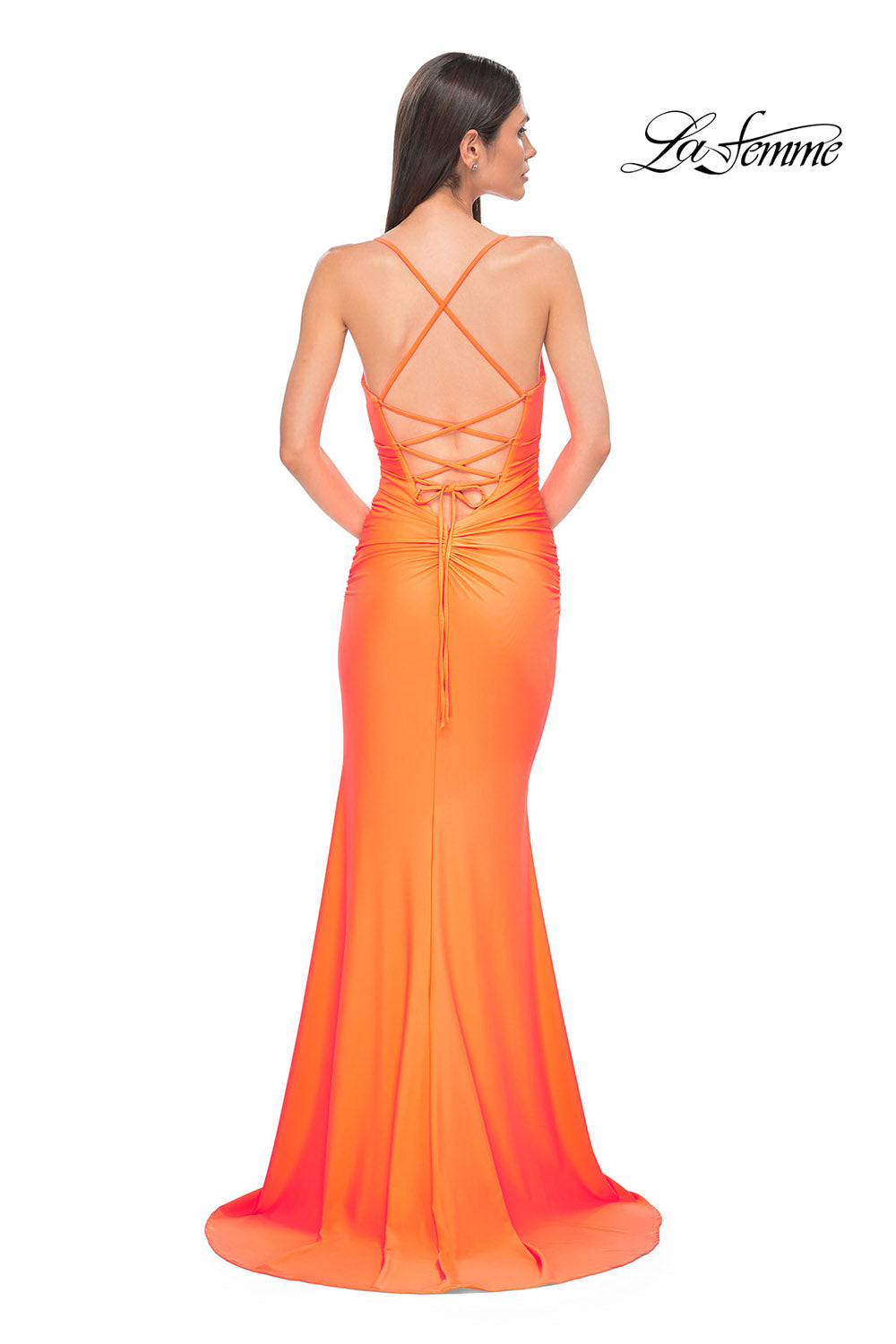 La Femme 32851 prom dress images.  La Femme 32851 is available in these colors: Bright Orange, Cloud Blue, Ivory, Pale Yellow, Red, Royal Blue.