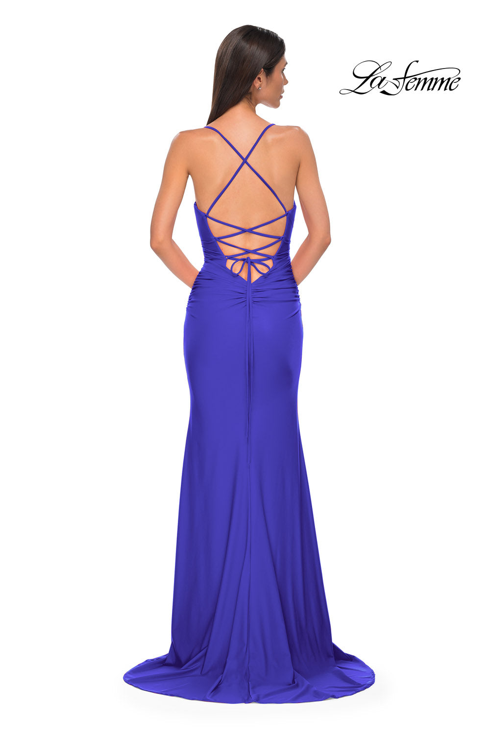 La Femme 32851 prom dress images.  La Femme 32851 is available in these colors: Bright Orange, Cloud Blue, Ivory, Pale Yellow, Red, Royal Blue.