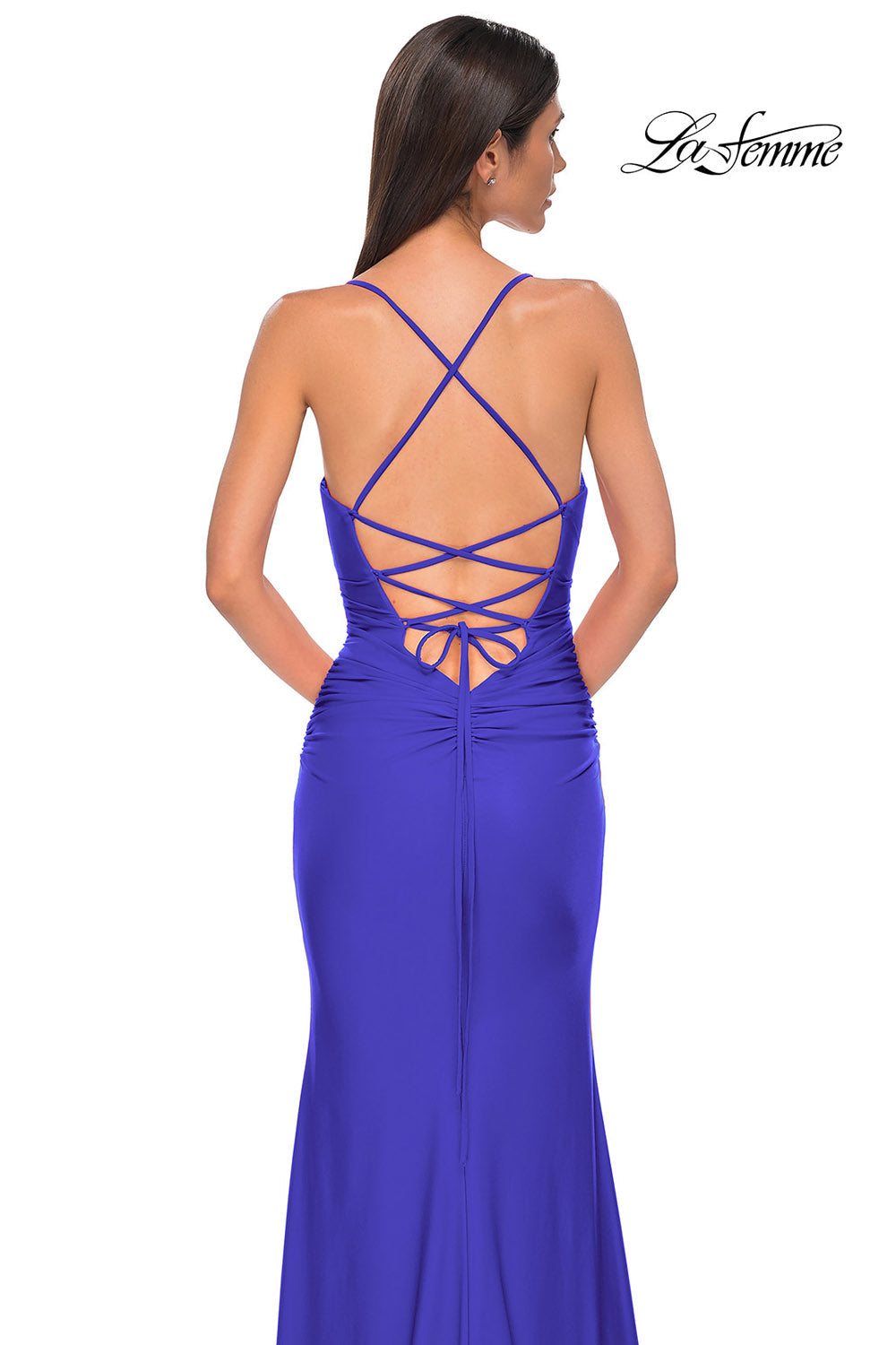 La Femme 32851 prom dress images.  La Femme 32851 is available in these colors: Bright Orange, Cloud Blue, Ivory, Pale Yellow, Red, Royal Blue.