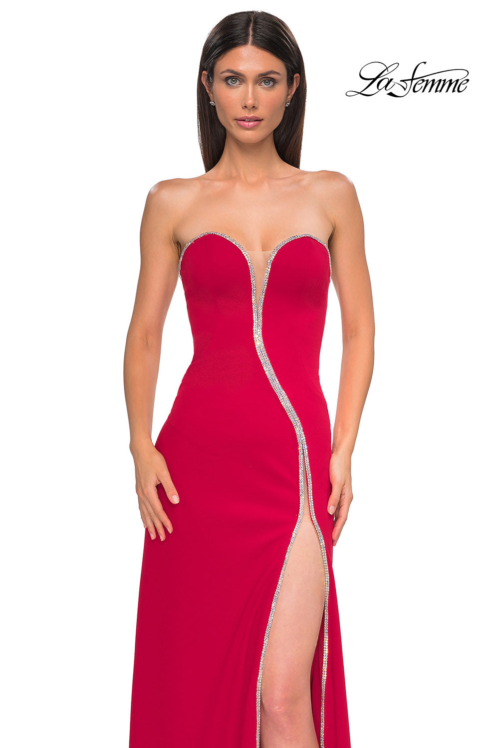 La Femme 32854 prom dress images.  La Femme 32854 is available in these colors: Black, Ivory, Red.