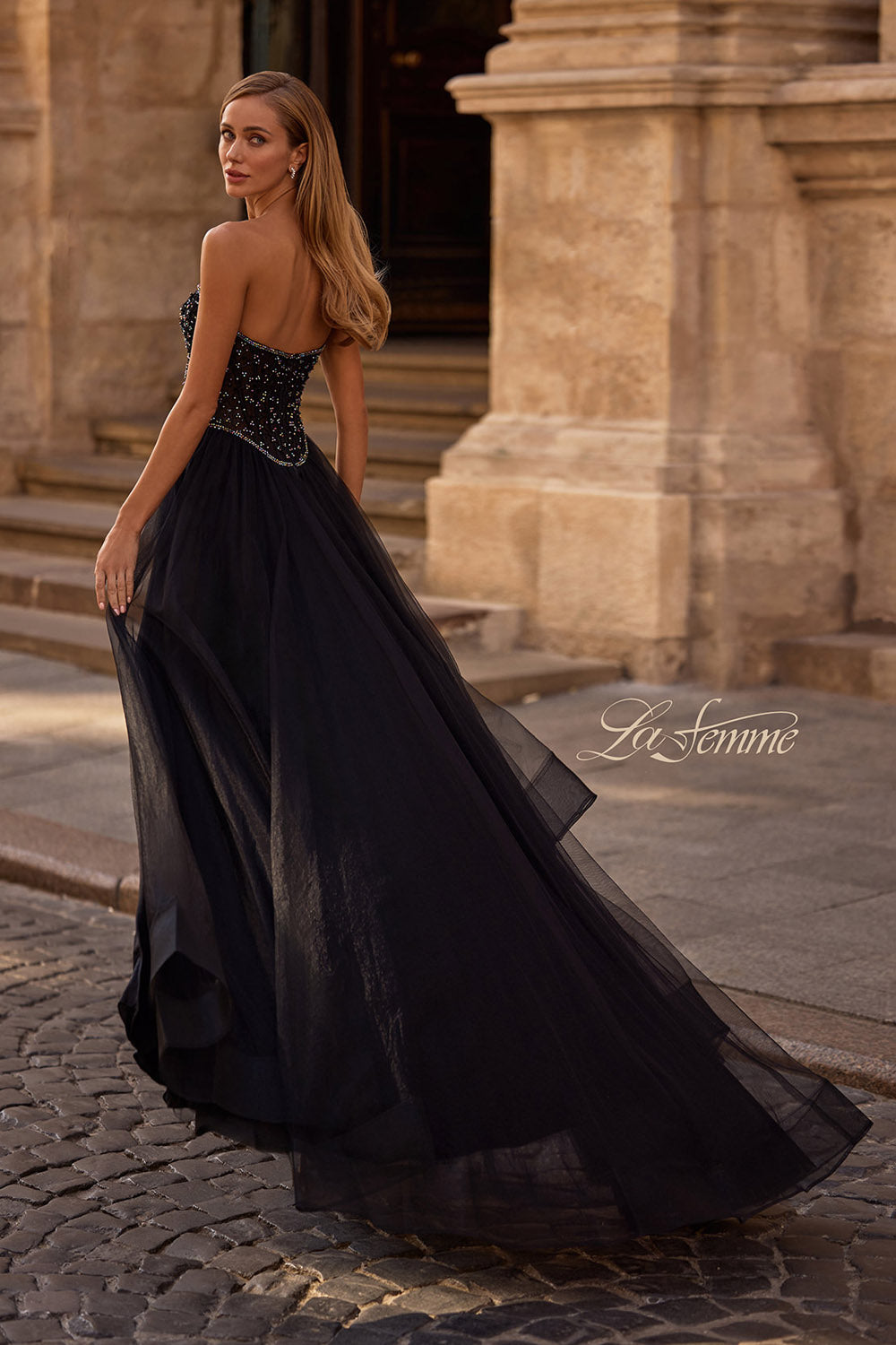 La Femme 32856 prom dress images.  La Femme 32856 is available in these colors: Black.