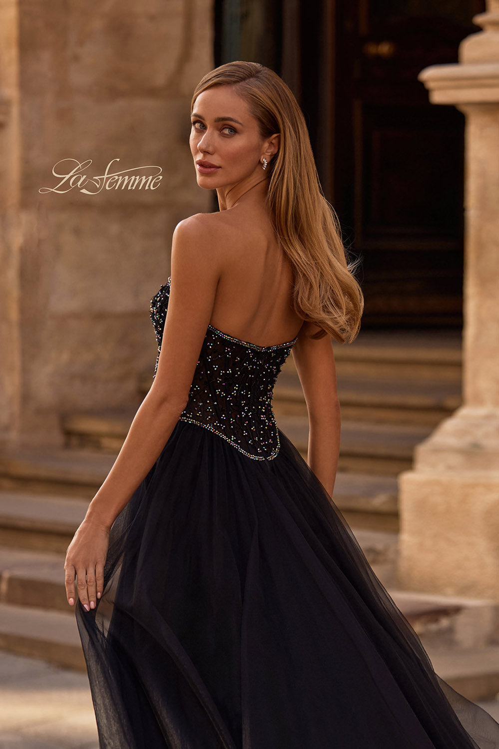 La Femme 32856 prom dress images.  La Femme 32856 is available in these colors: Black.