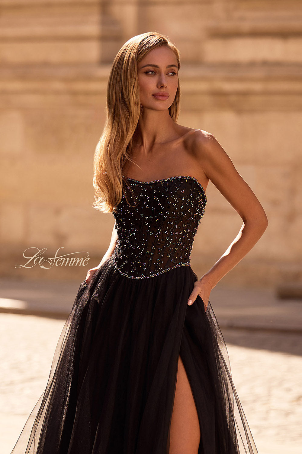 La Femme 32856 prom dress images.  La Femme 32856 is available in these colors: Black.