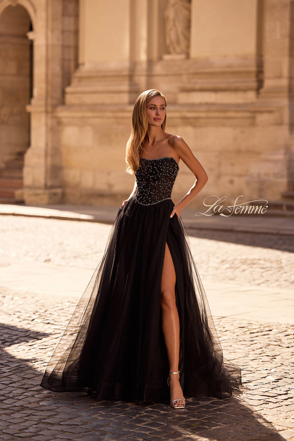 La Femme 32856 prom dress images.  La Femme 32856 is available in these colors: Black.