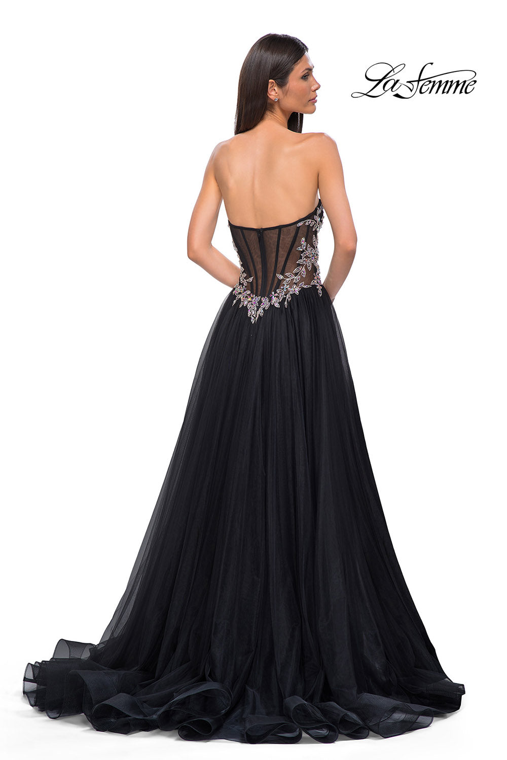 La Femme 32862 prom dress images.  La Femme 32862 is available in these colors: Black, Blush, Dusty Blue.