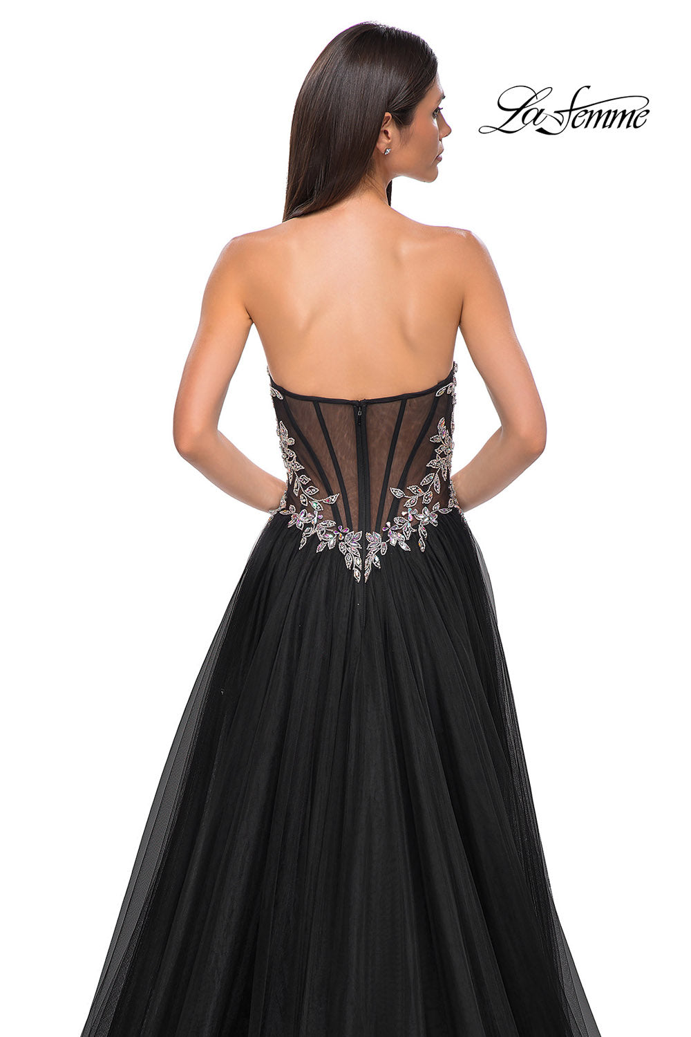 La Femme 32862 prom dress images.  La Femme 32862 is available in these colors: Black, Blush, Dusty Blue.