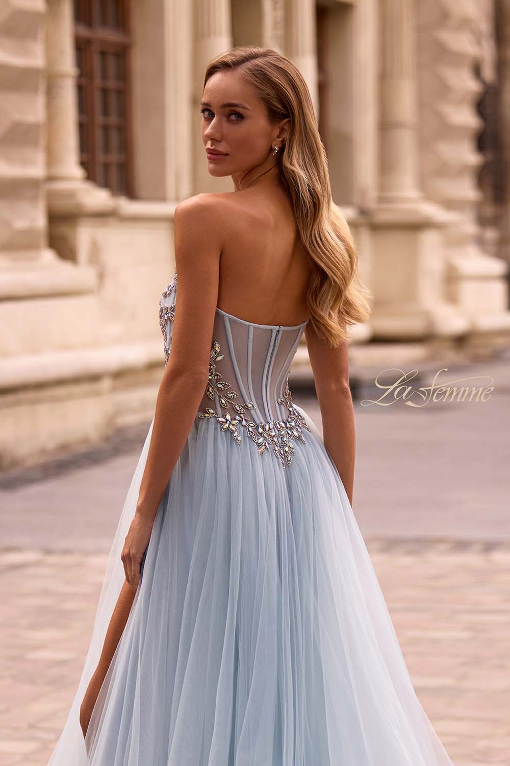 La Femme 32862 prom dress images.  La Femme 32862 is available in these colors: Black, Blush, Dusty Blue.