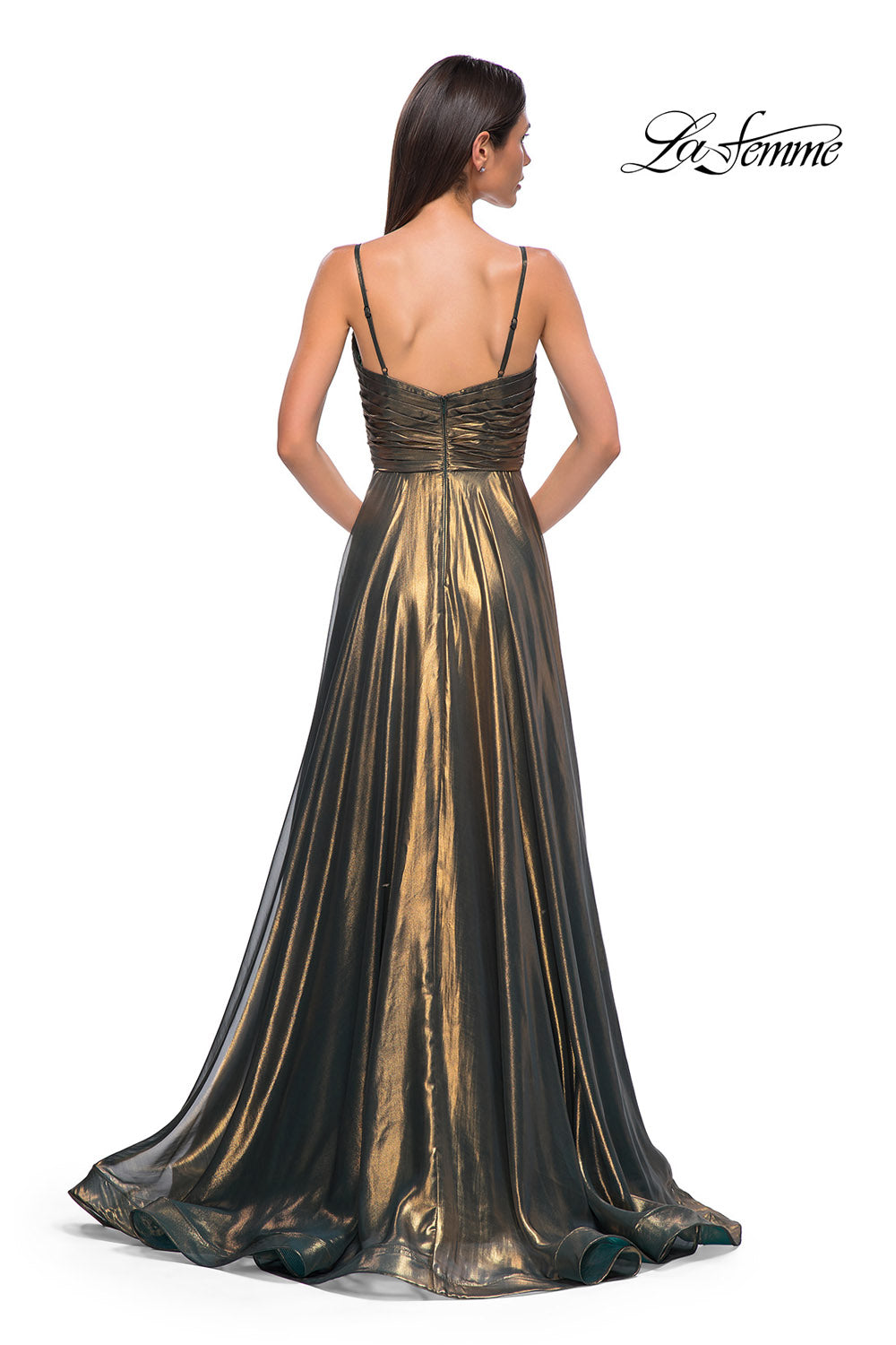 La Femme 32864 prom dress images.  La Femme 32864 is available in these colors: Emerald Gold, Light Gold.