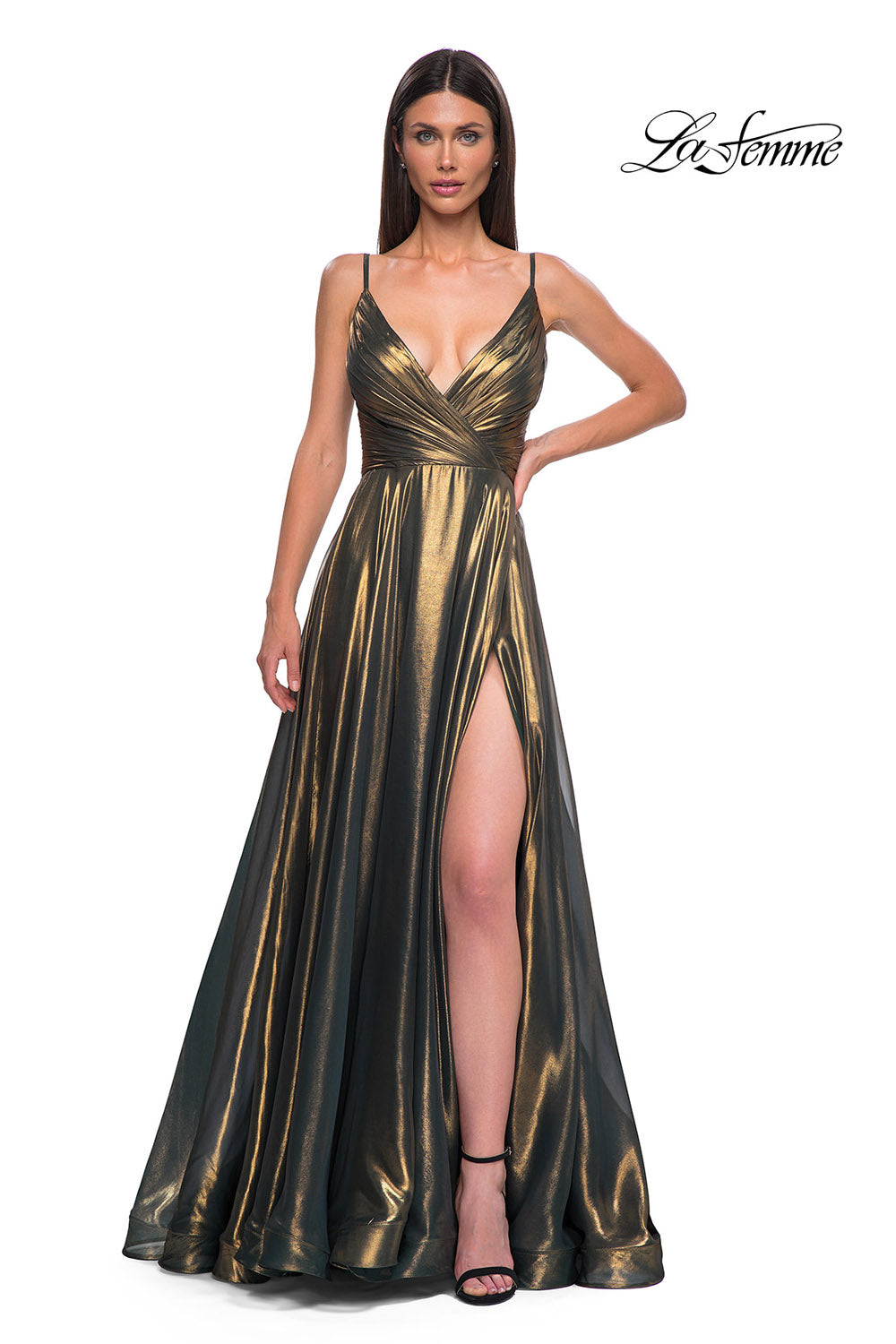 La Femme 32864 prom dress images.  La Femme 32864 is available in these colors: Emerald Gold, Light Gold.