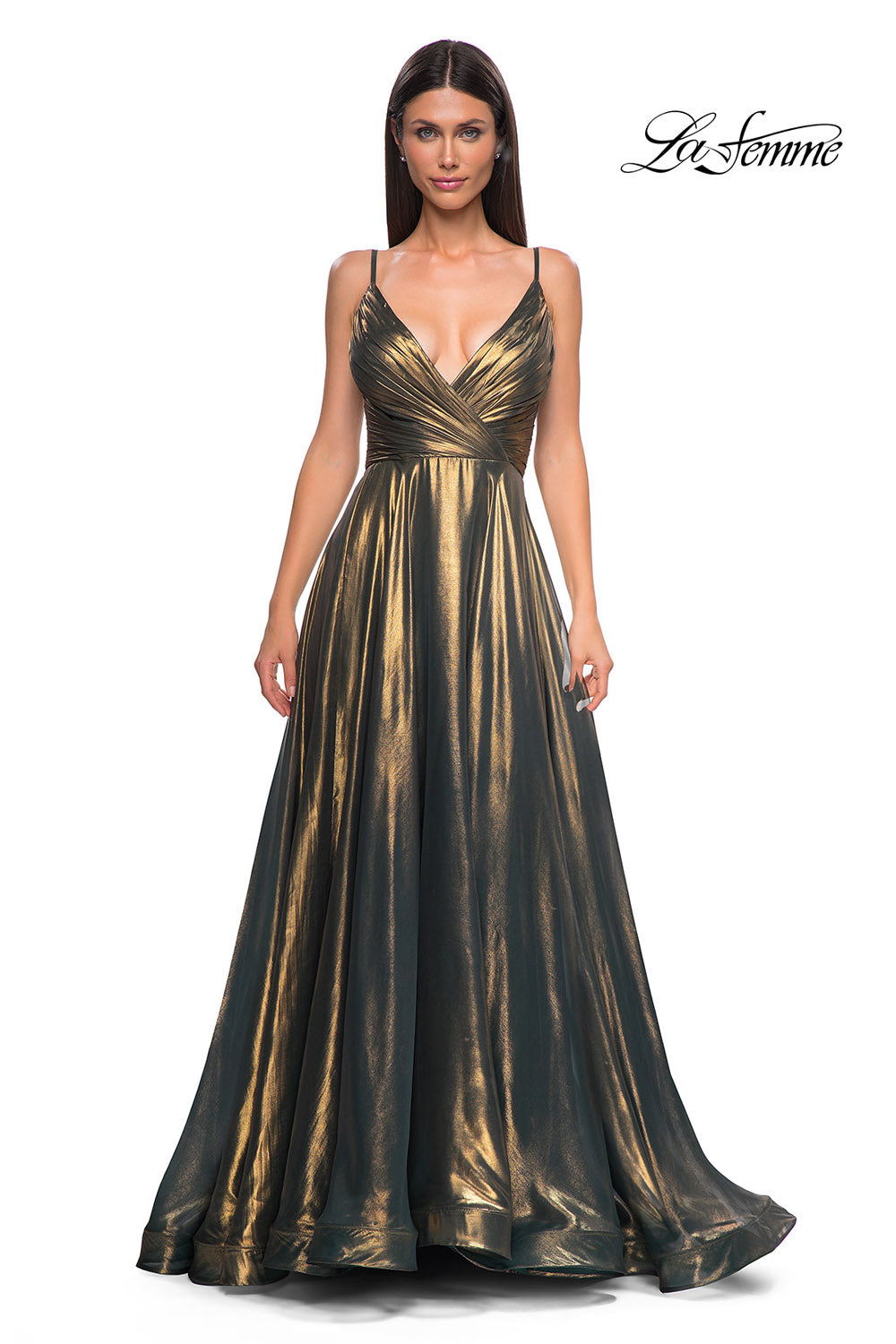 La Femme 32864 prom dress images.  La Femme 32864 is available in these colors: Emerald Gold, Light Gold.