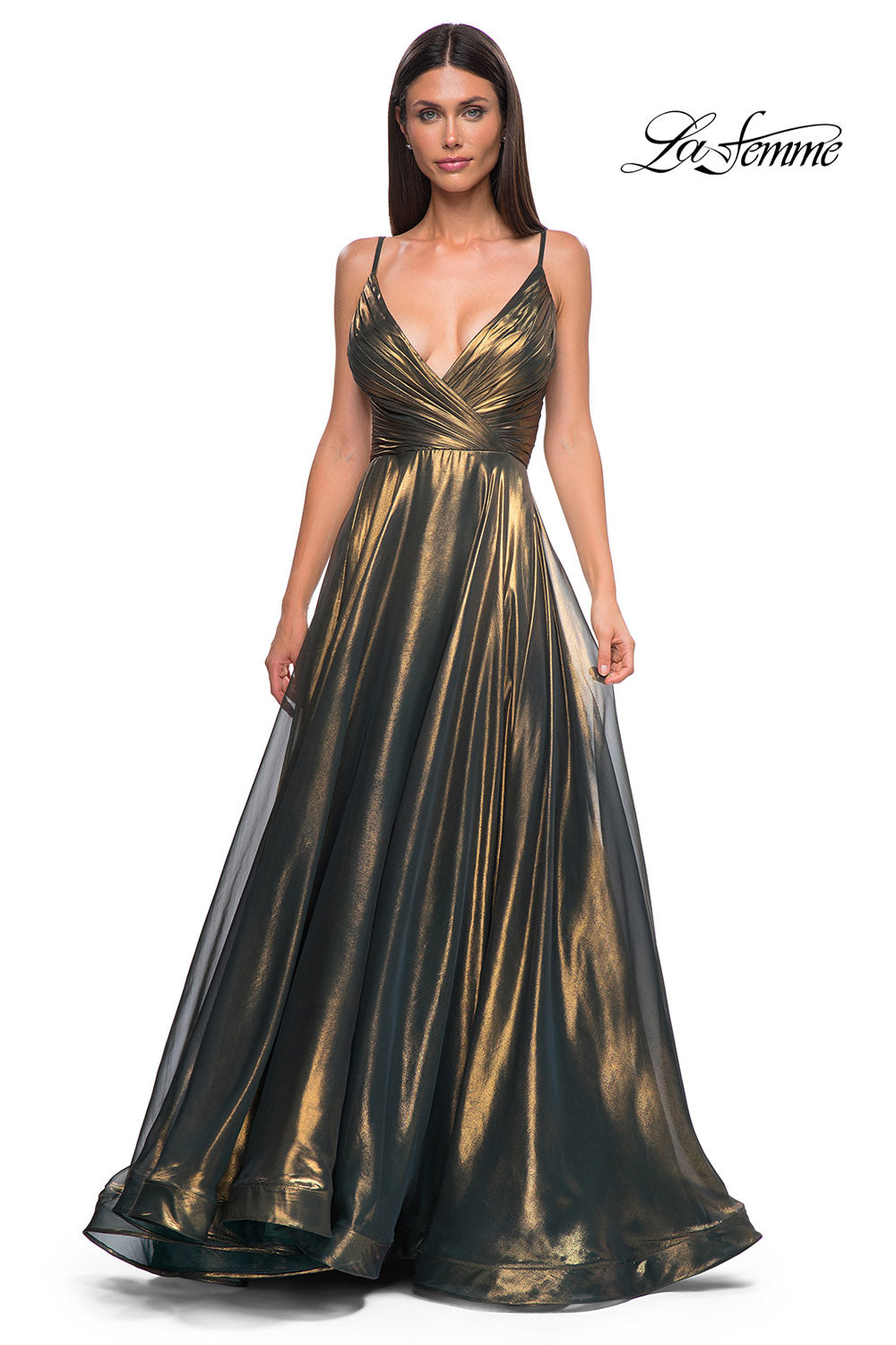 La Femme 32864 prom dress images.  La Femme 32864 is available in these colors: Emerald Gold, Light Gold.