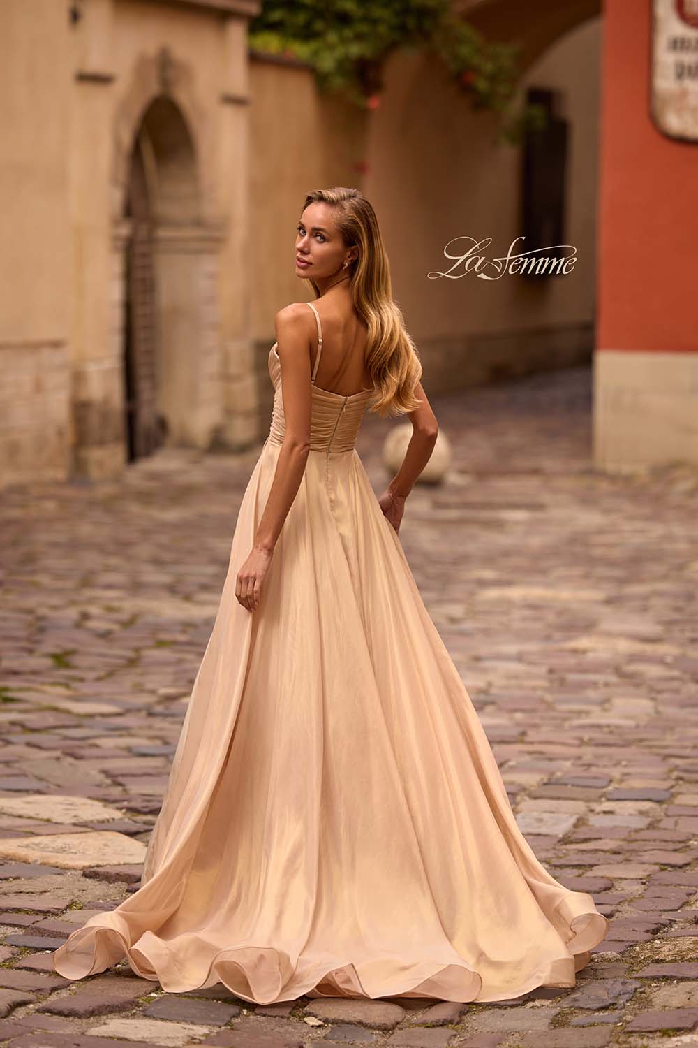 La Femme 32864 prom dress images.  La Femme 32864 is available in these colors: Emerald Gold, Light Gold.