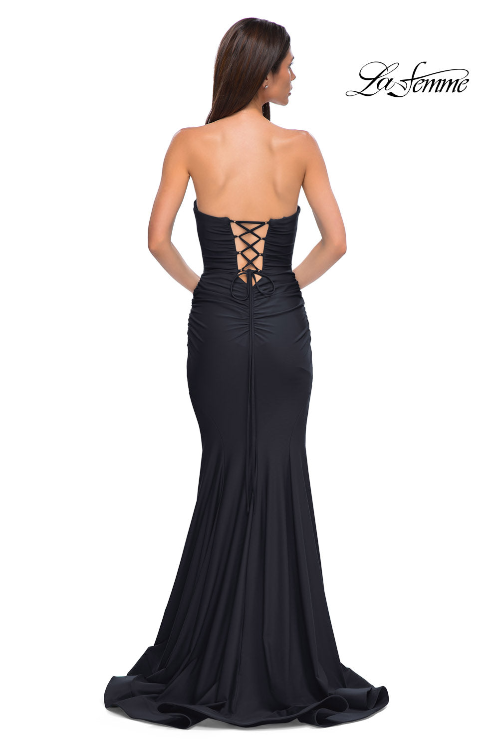 La Femme 32872 prom dress images.  La Femme 32872 is available in these colors: Black, Bright Orange, Dark Teal, Hot Fuchsia, Red, Yellow.