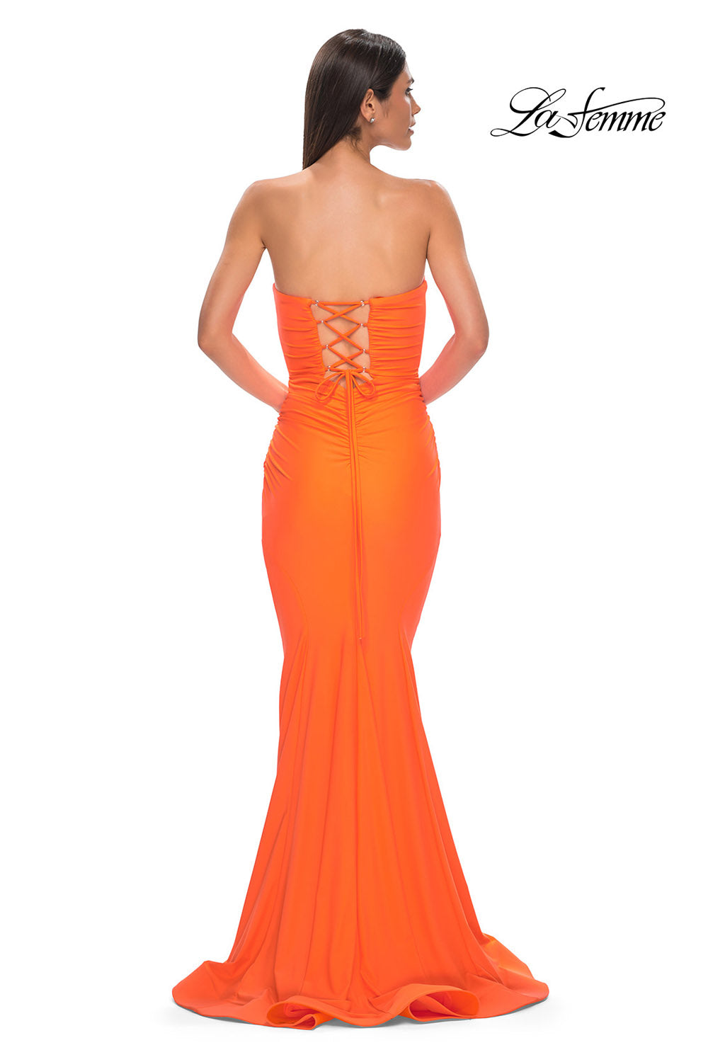 La Femme 32872 prom dress images.  La Femme 32872 is available in these colors: Black, Bright Orange, Dark Teal, Hot Fuchsia, Red, Yellow.