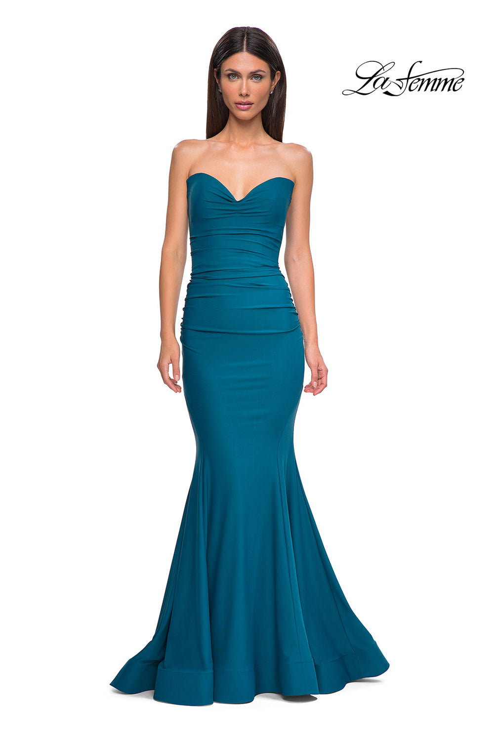 La Femme 32872 prom dress images.  La Femme 32872 is available in these colors: Black, Bright Orange, Dark Teal, Hot Fuchsia, Red, Yellow.