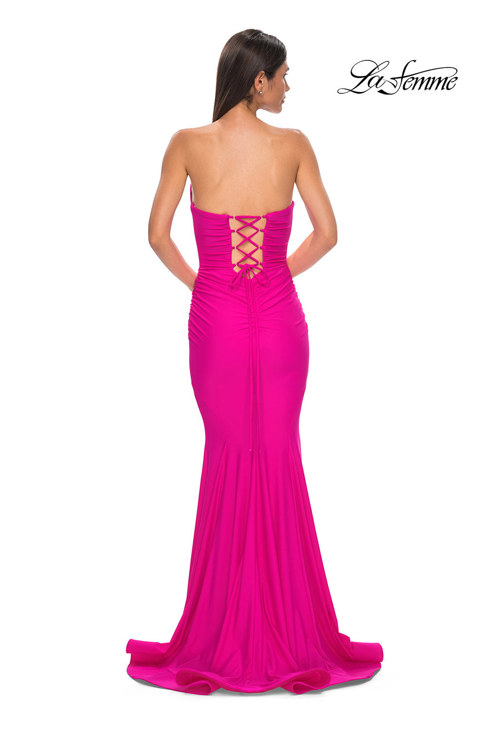 La Femme 32872 prom dress images.  La Femme 32872 is available in these colors: Black, Bright Orange, Dark Teal, Hot Fuchsia, Red, Yellow.