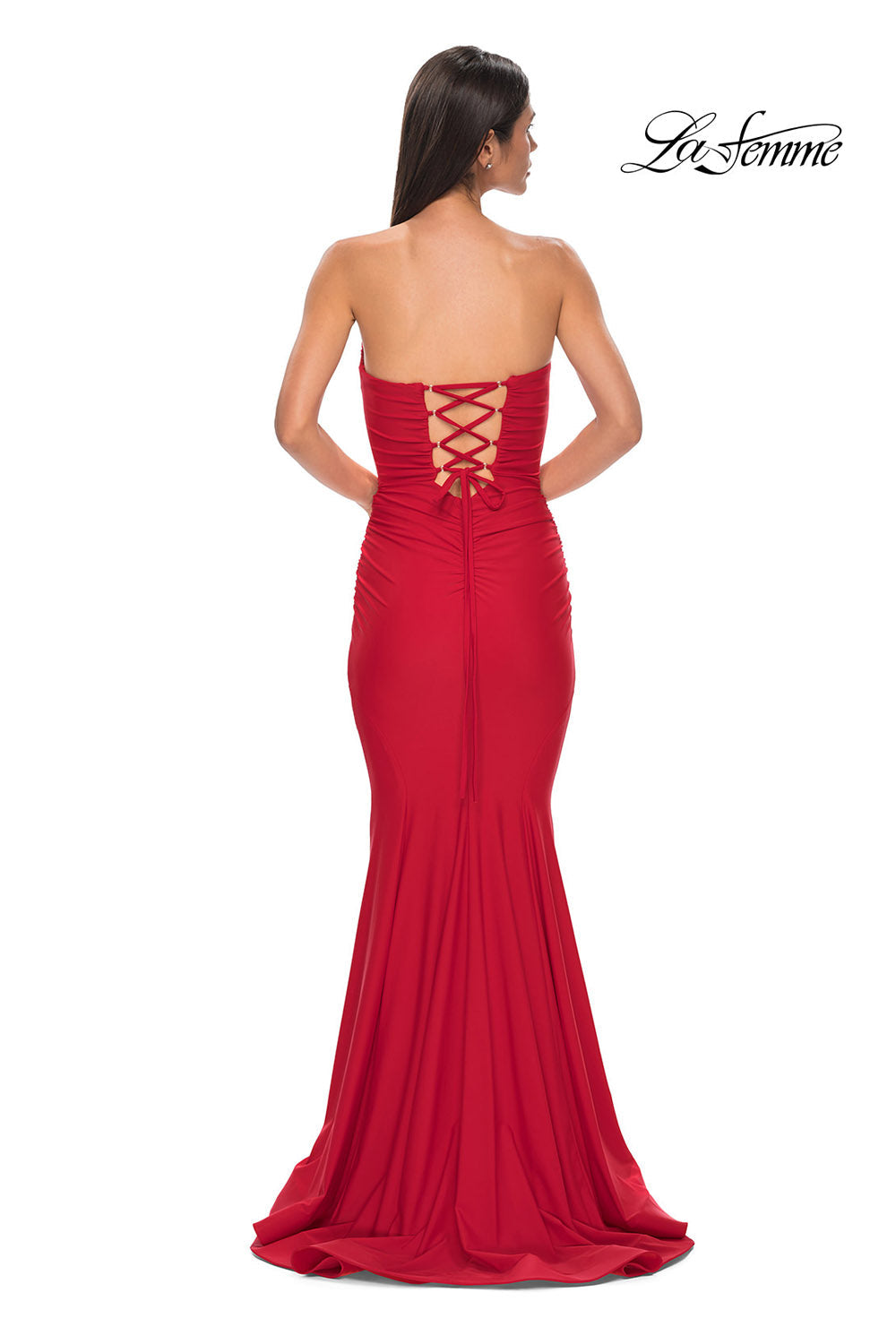 La Femme 32872 prom dress images.  La Femme 32872 is available in these colors: Black, Bright Orange, Dark Teal, Hot Fuchsia, Red, Yellow.