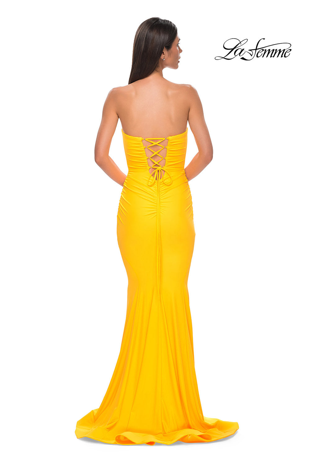 La Femme 32872 prom dress images.  La Femme 32872 is available in these colors: Black, Bright Orange, Dark Teal, Hot Fuchsia, Red, Yellow.