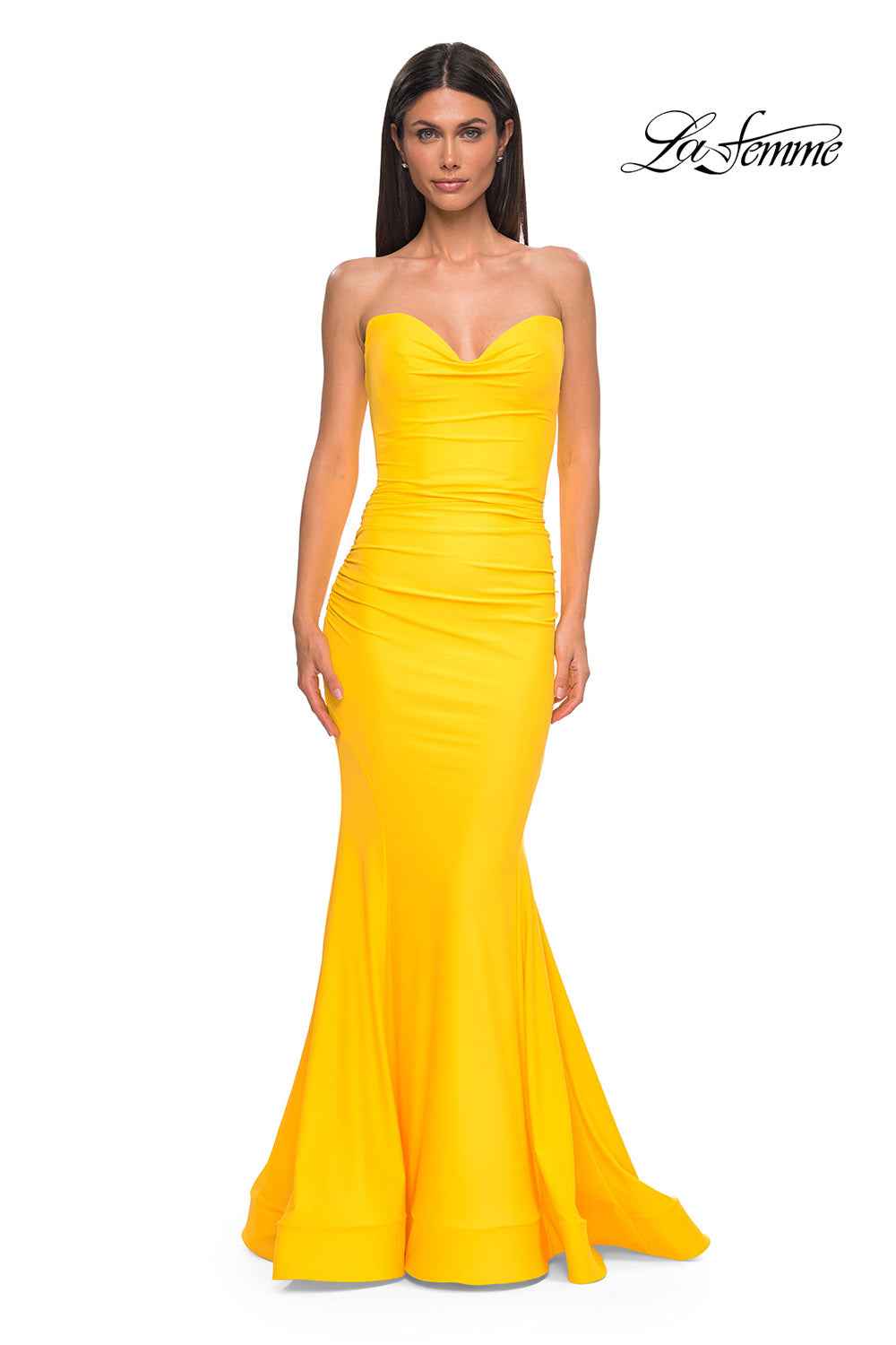 La Femme 32872 prom dress images.  La Femme 32872 is available in these colors: Black, Bright Orange, Dark Teal, Hot Fuchsia, Red, Yellow.