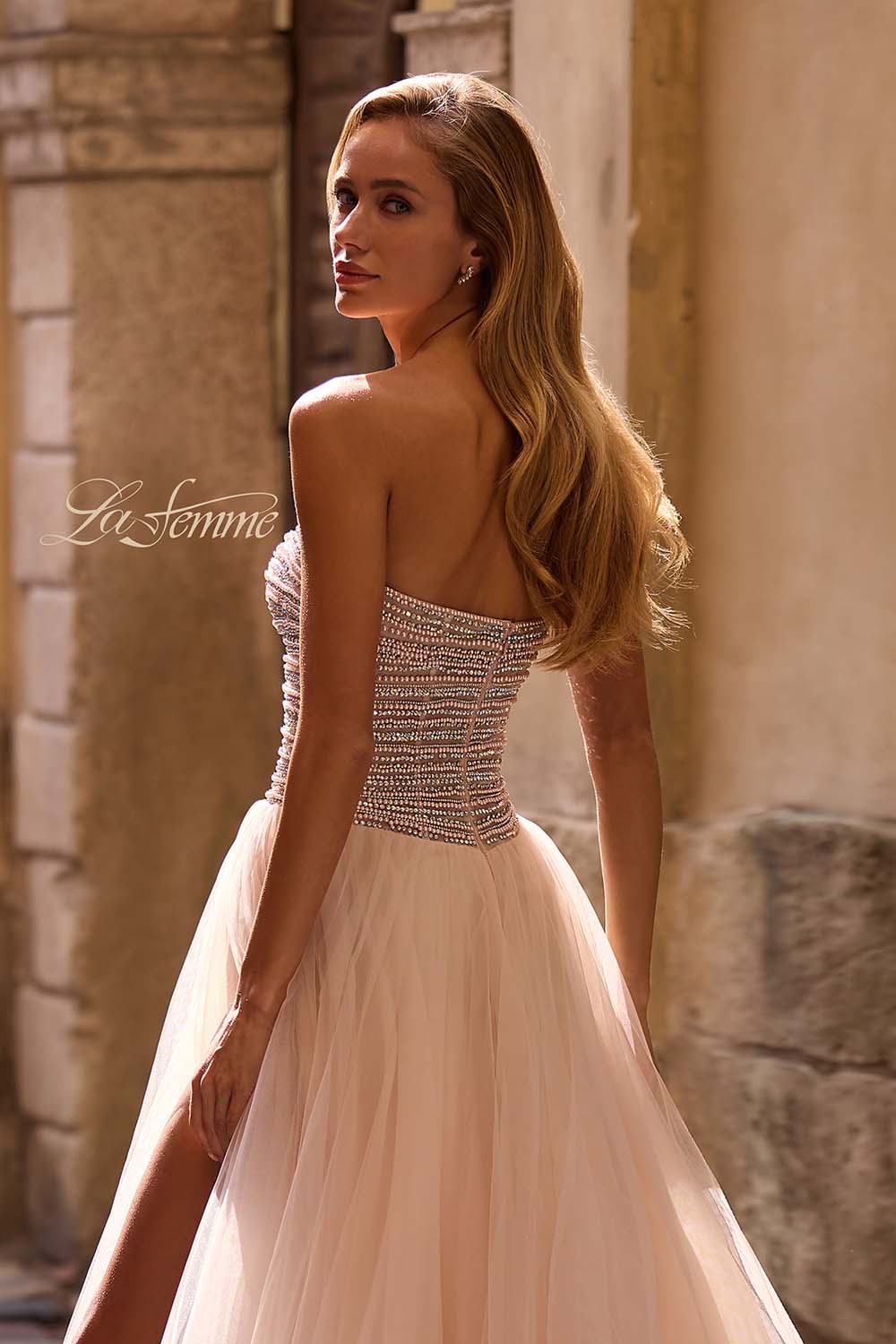 La Femme 32875 prom dress images.  La Femme 32875 is available in these colors: Blush, Light Periwinkle.