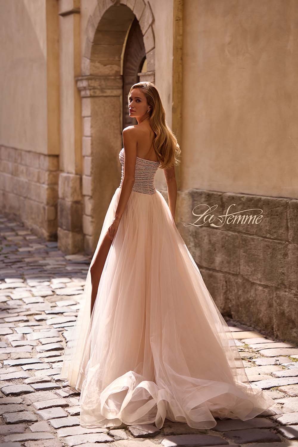 La Femme 32875 prom dress images.  La Femme 32875 is available in these colors: Blush, Light Periwinkle.