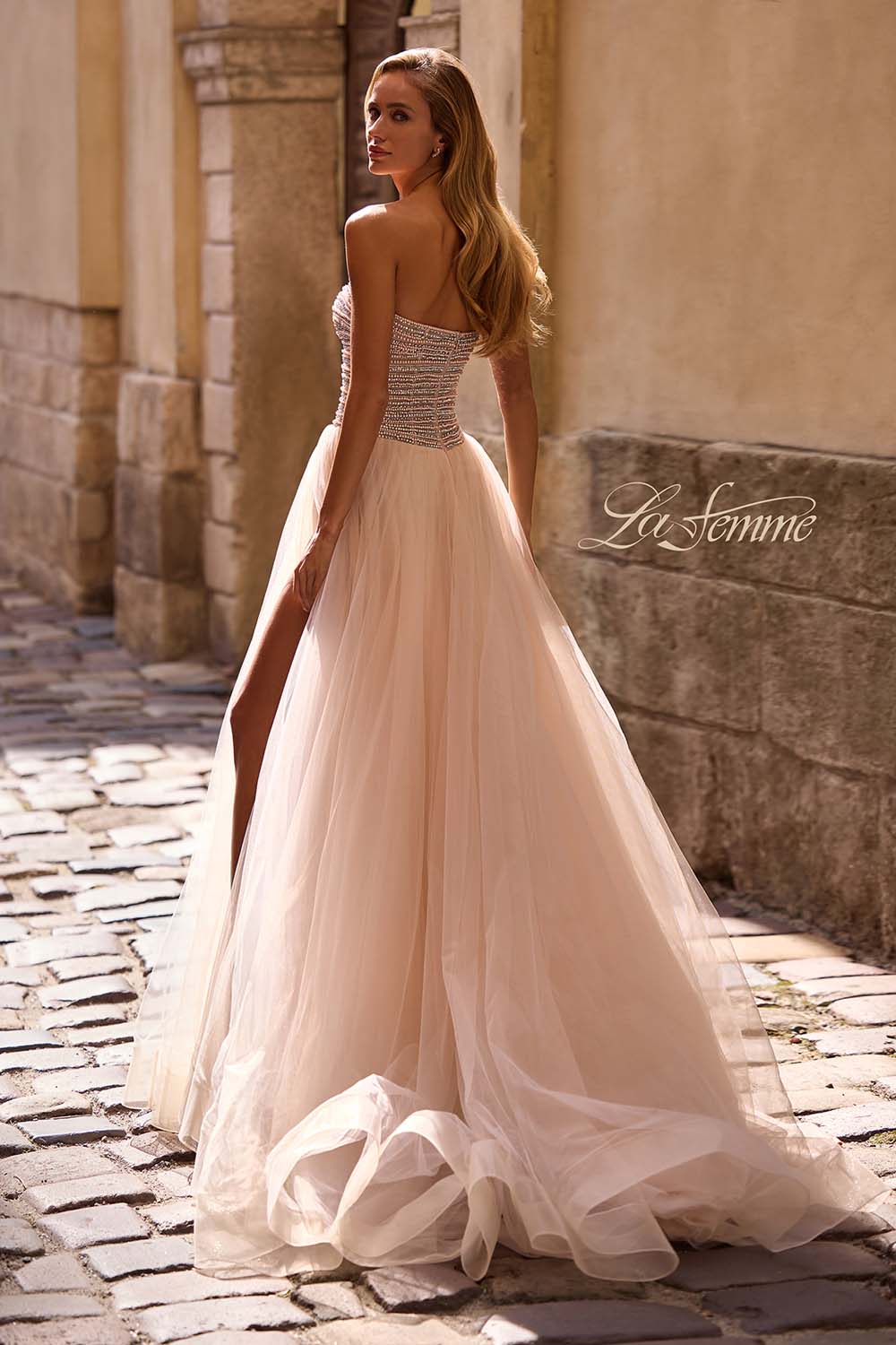 La Femme 32875 prom dress images.  La Femme 32875 is available in these colors: Blush, Light Periwinkle.