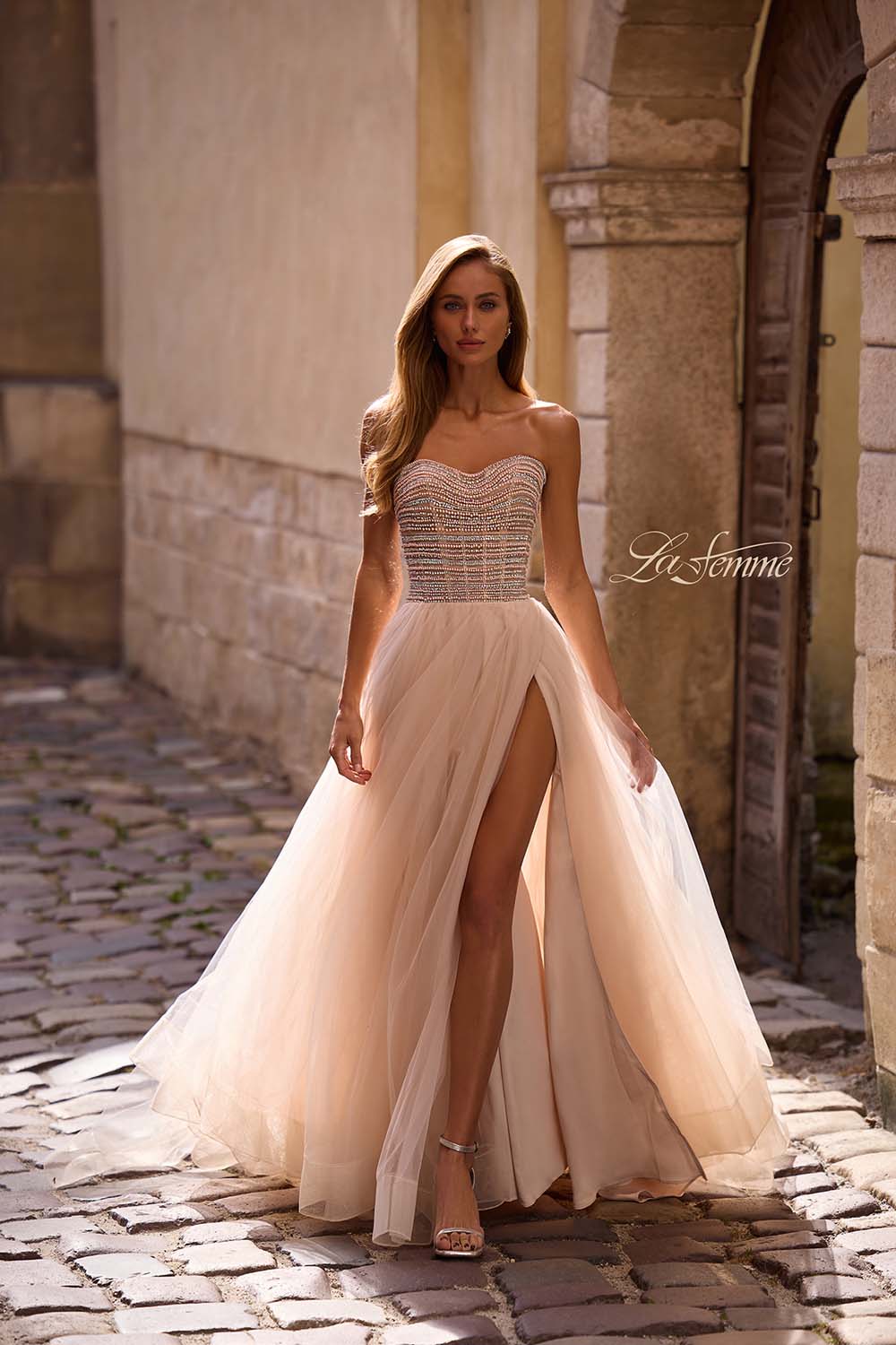 La Femme 32875 prom dress images.  La Femme 32875 is available in these colors: Blush, Light Periwinkle.