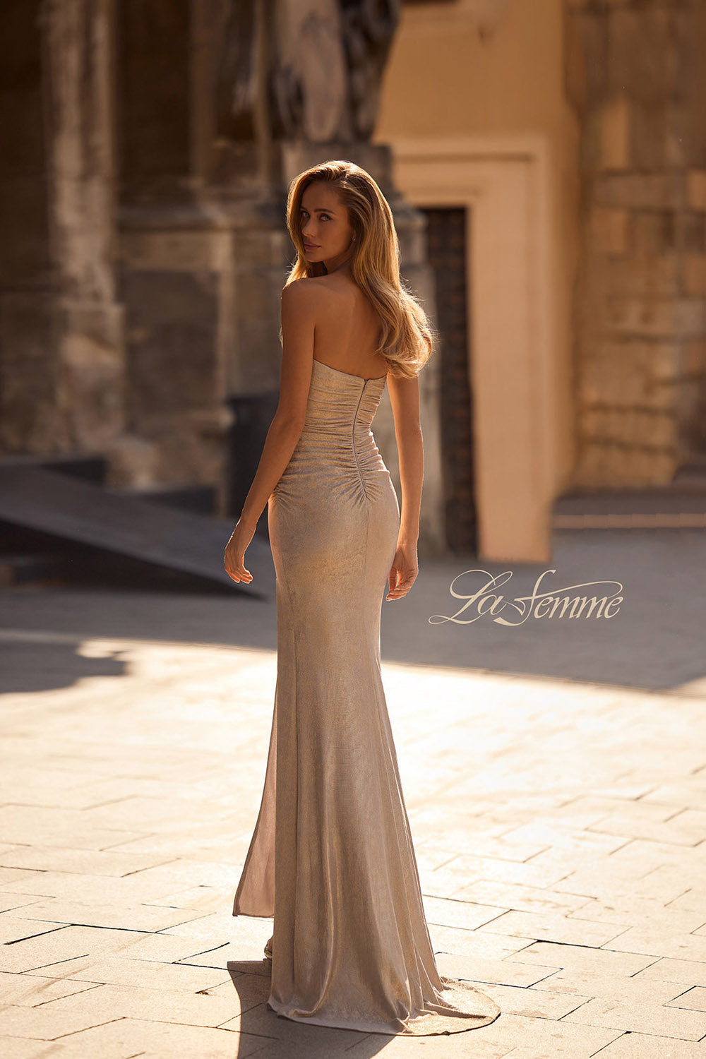 La Femme 32876 prom dress images.  La Femme 32876 is available in these colors: Champagne, Dark Teal, Mocha.