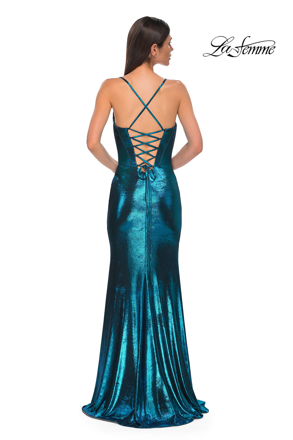 La Femme 32877 prom dress images.  La Femme 32877 is available in these colors: Black, Dark Teal, Indigo, Lavender, Penny.