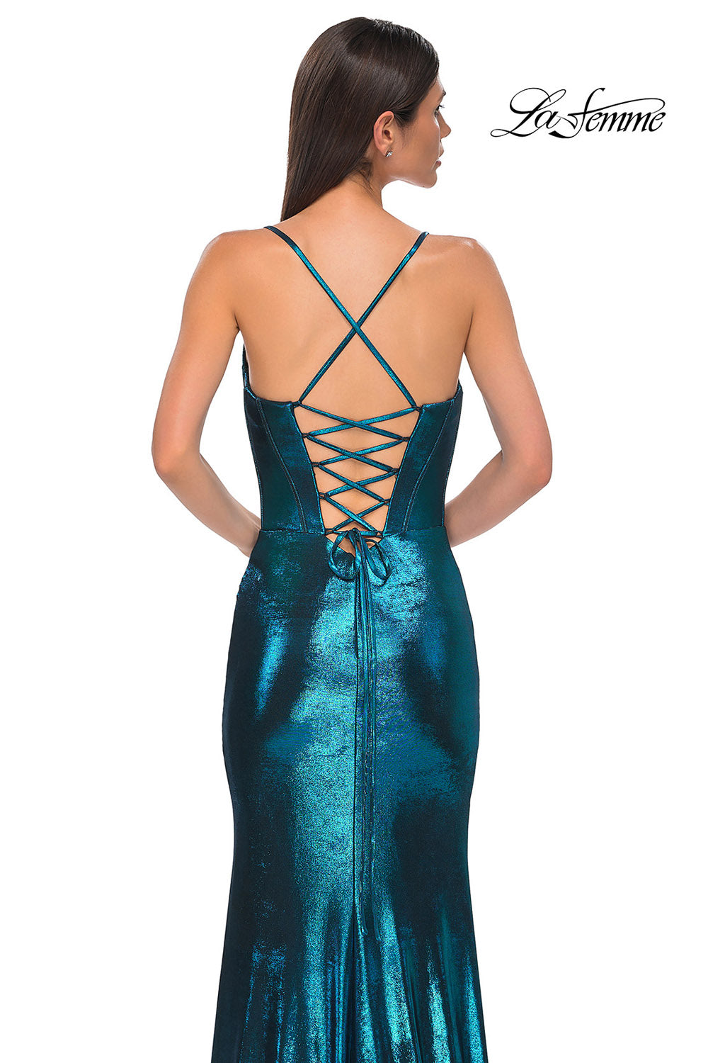 La Femme 32877 prom dress images.  La Femme 32877 is available in these colors: Black, Dark Teal, Indigo, Lavender, Penny.