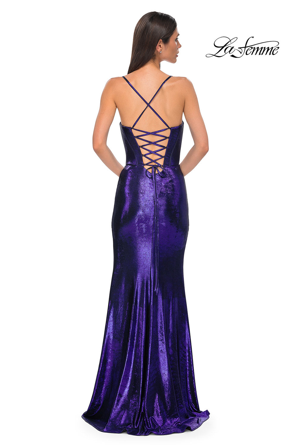 La Femme 32877 prom dress images.  La Femme 32877 is available in these colors: Black, Dark Teal, Indigo, Lavender, Penny.