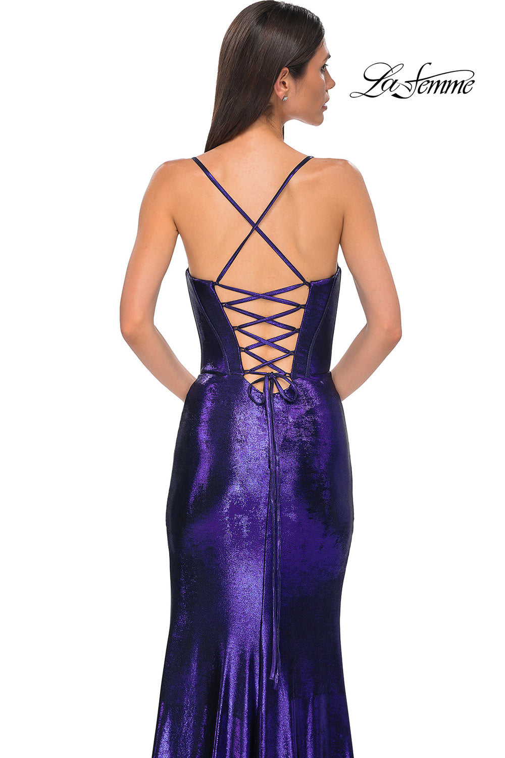 La Femme 32877 prom dress images.  La Femme 32877 is available in these colors: Black, Dark Teal, Indigo, Lavender, Penny.