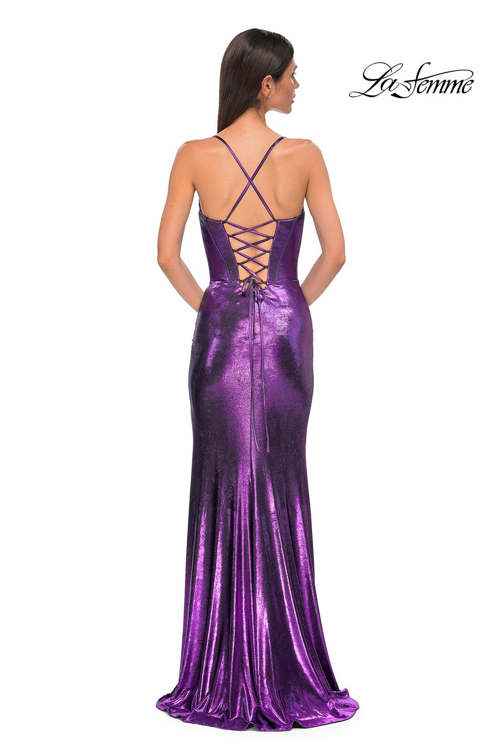 La Femme 32877 prom dress images.  La Femme 32877 is available in these colors: Black, Dark Teal, Indigo, Lavender, Penny.