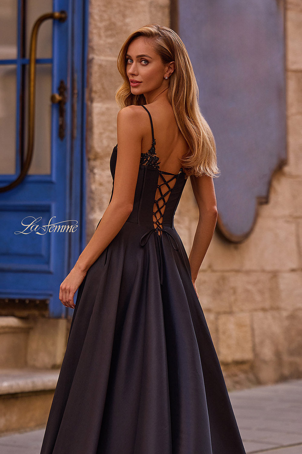 La Femme 32878 prom dress images.  La Femme 32878 is available in these colors: Black, Champagne, Emerald, Royal Blue, Wine.