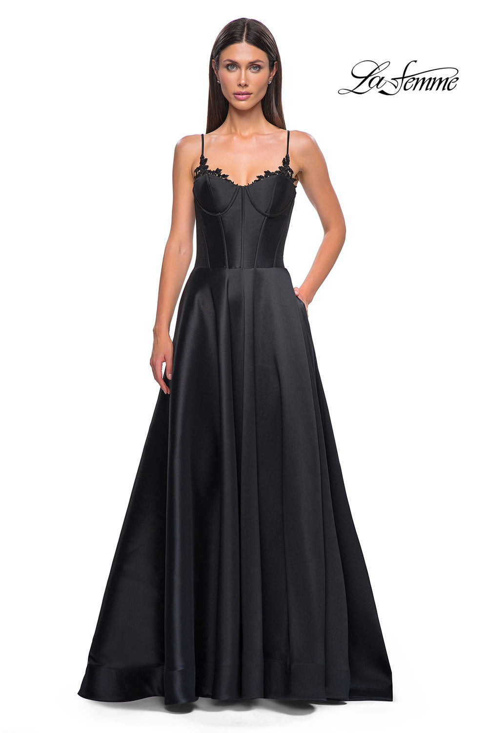 La Femme 32878 prom dress images.  La Femme 32878 is available in these colors: Black, Champagne, Emerald, Royal Blue, Wine.