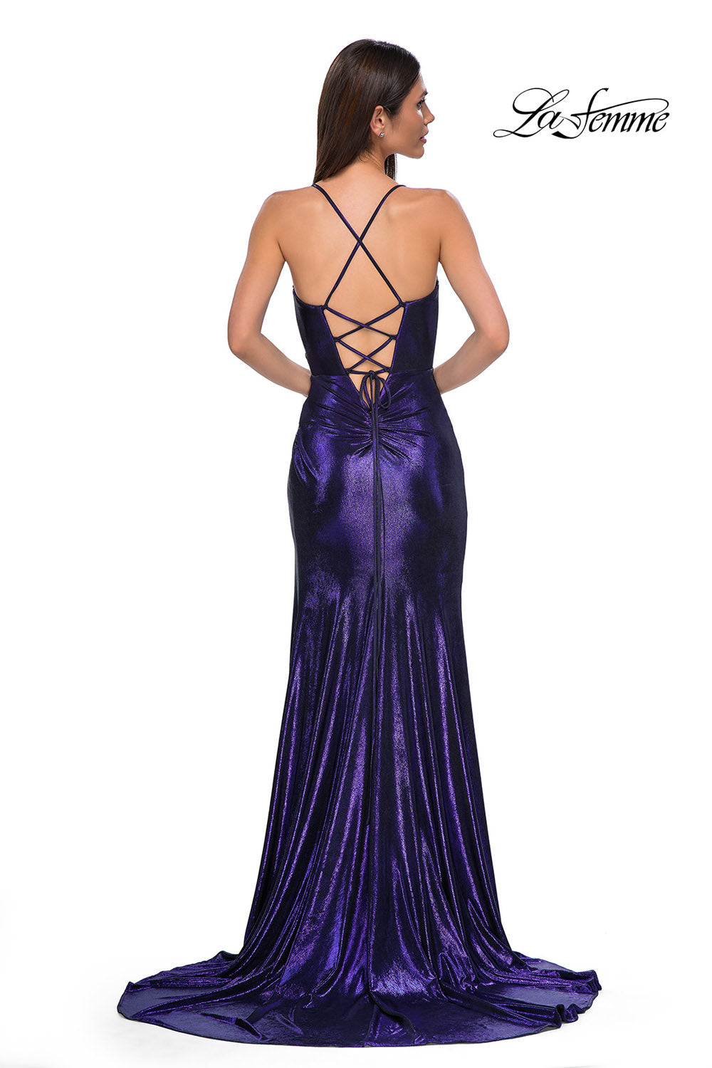 La Femme 32884 prom dress images.  La Femme 32884 is available in these colors: Bronze, Emerald, Indigo, Wine.