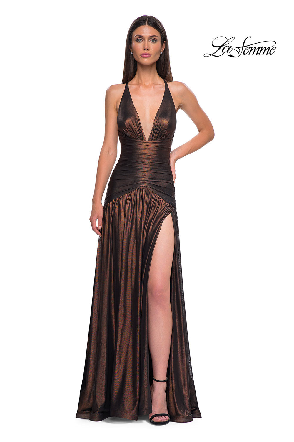 La Femme 32887 prom dress images.  La Femme 32887 is available in these colors: Bronze, Indigo, Purple.