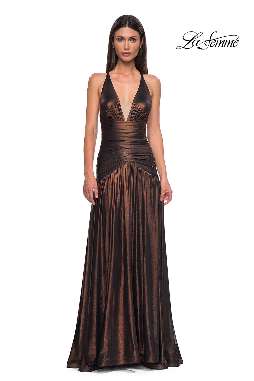 La Femme 32887 prom dress images.  La Femme 32887 is available in these colors: Bronze, Indigo, Purple.