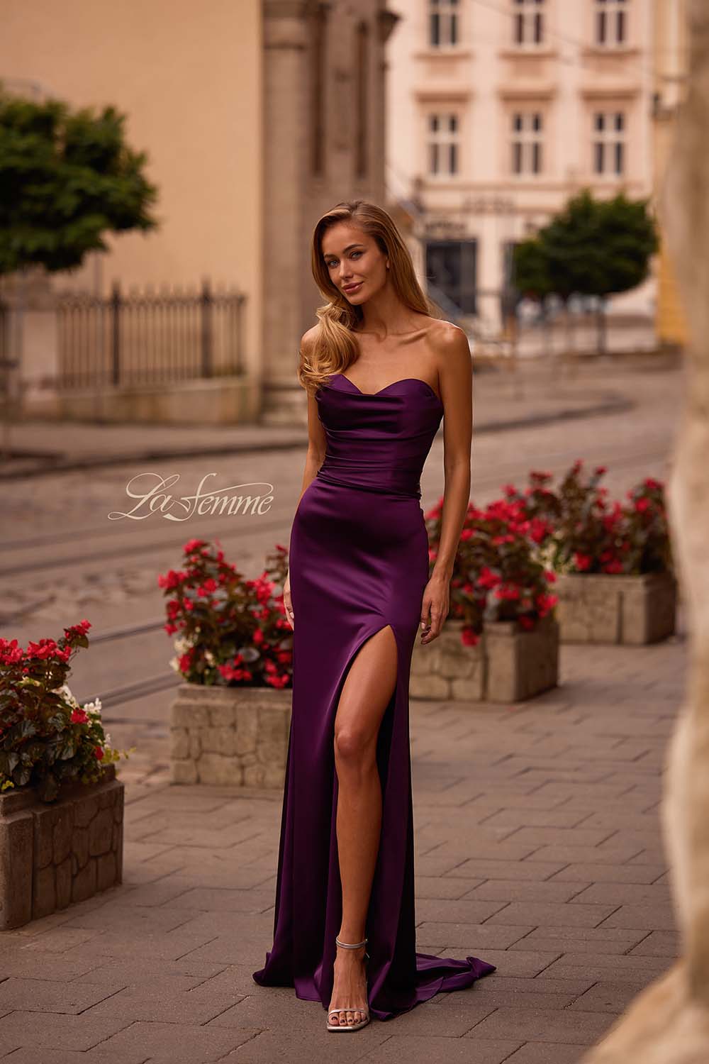 La Femme 32896 prom dress images.  La Femme 32896 is available in these colors: Black, Dark Berry, Ivory.