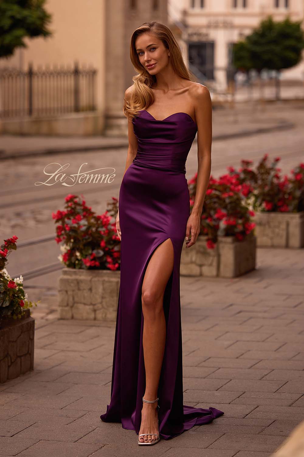 La Femme 32896 prom dress images.  La Femme 32896 is available in these colors: Black, Dark Berry, Ivory.