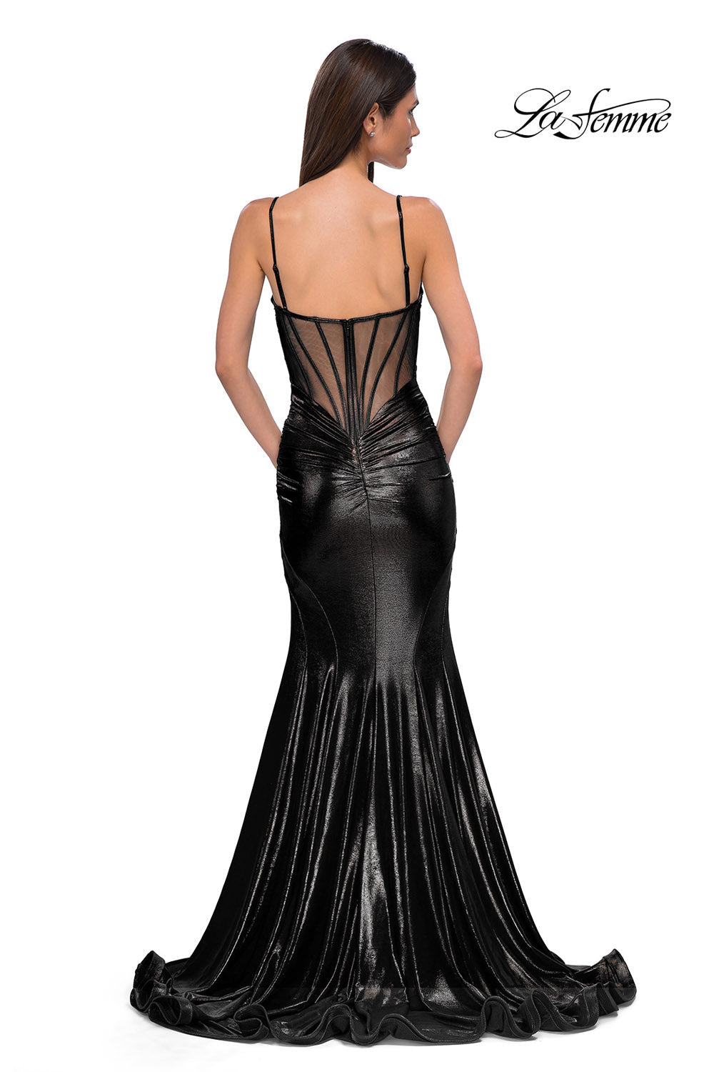 La Femme 32897 prom dress images.  La Femme 32897 is available in these colors: Black, Bronze, Dark Teal, Indigo.