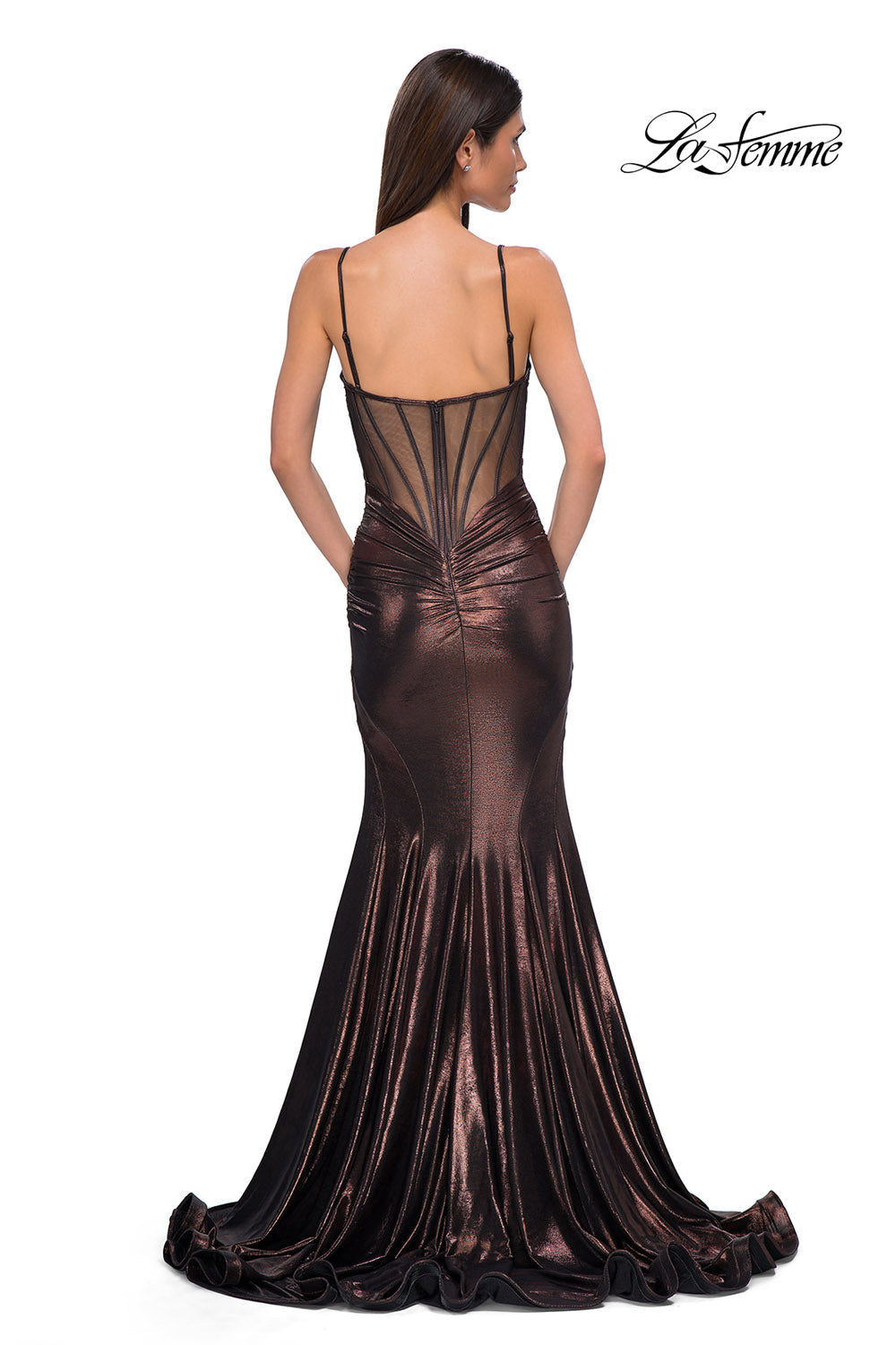 La Femme 32897 prom dress images.  La Femme 32897 is available in these colors: Black, Bronze, Dark Teal, Indigo.