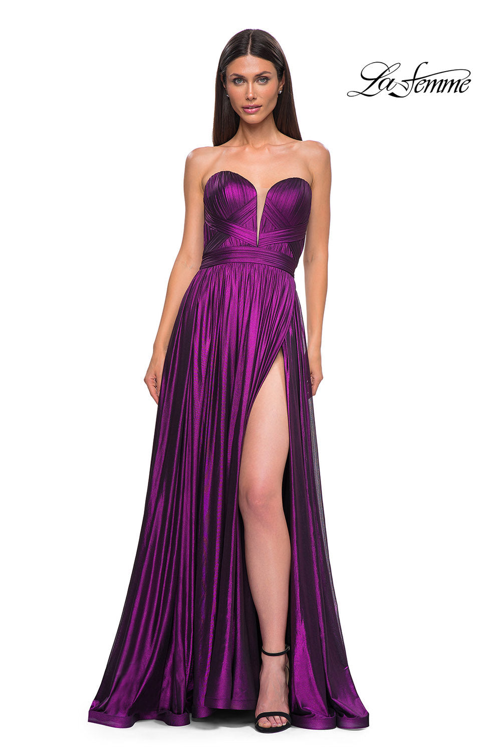 La Femme 32899 prom dress images.  La Femme 32899 is available in these colors: Black Gold, Purple, Royal Blue.